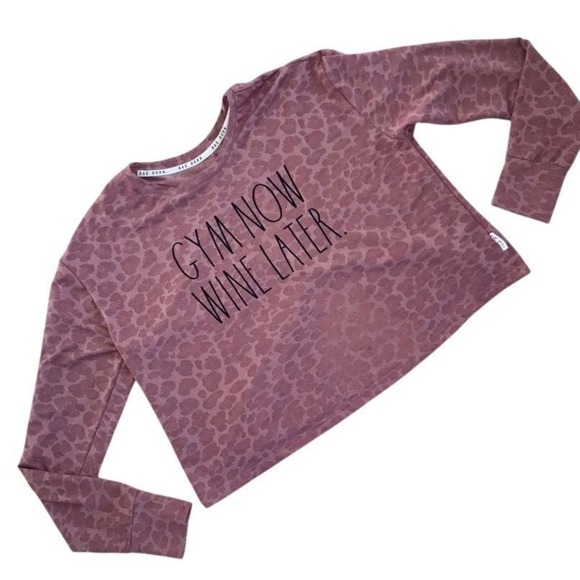 Rae Dunn Tops - Rae Dunn XL Gym Now Wine Later Leopard Print Workout Crop Top‎ Athletic Shirt